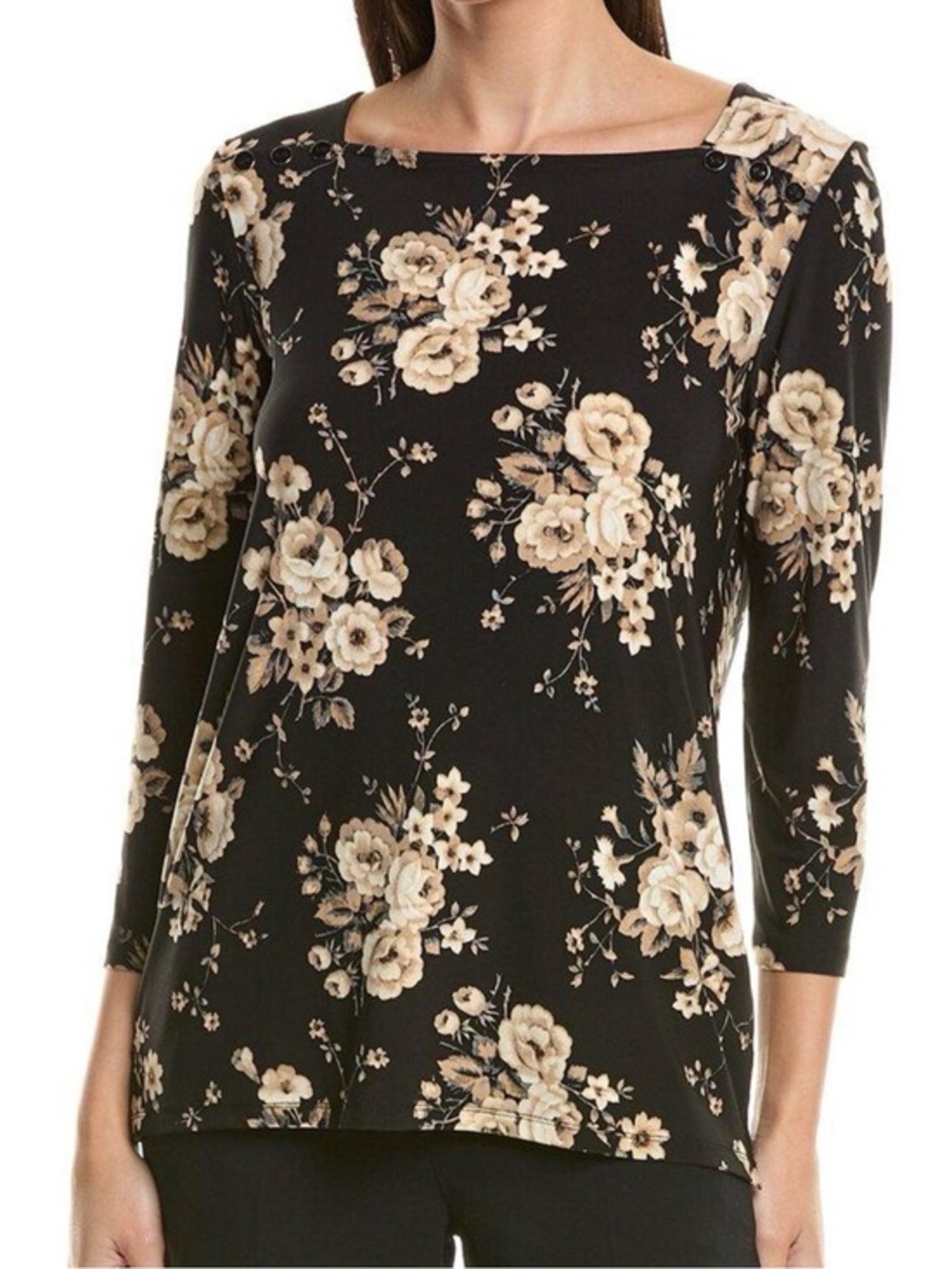 Jones New York Black w/ Tan & Blue Floral Boatneck 3/4 Sleeve Top Size S